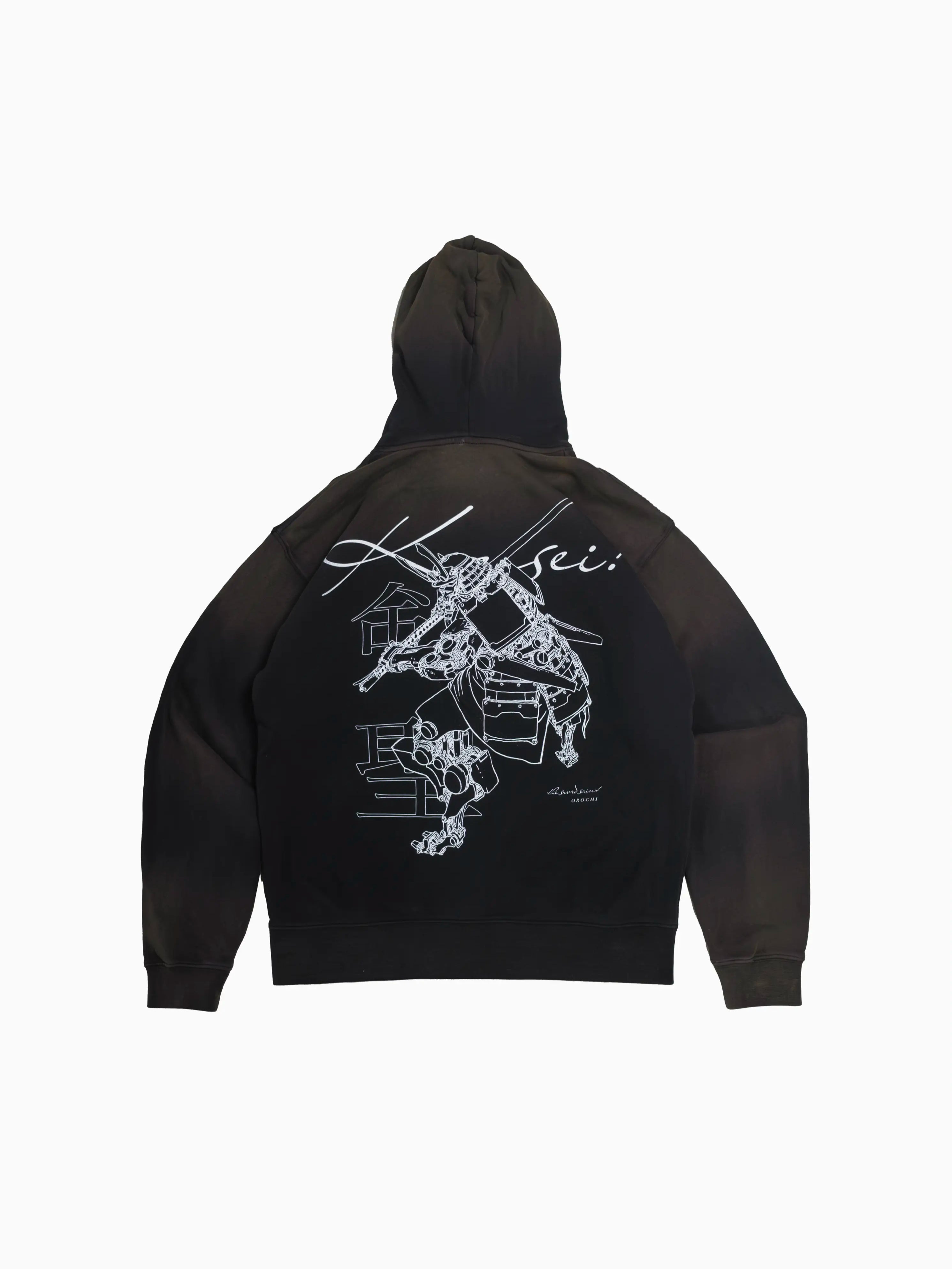 Black hoodie with white graphic design on the back against a white background