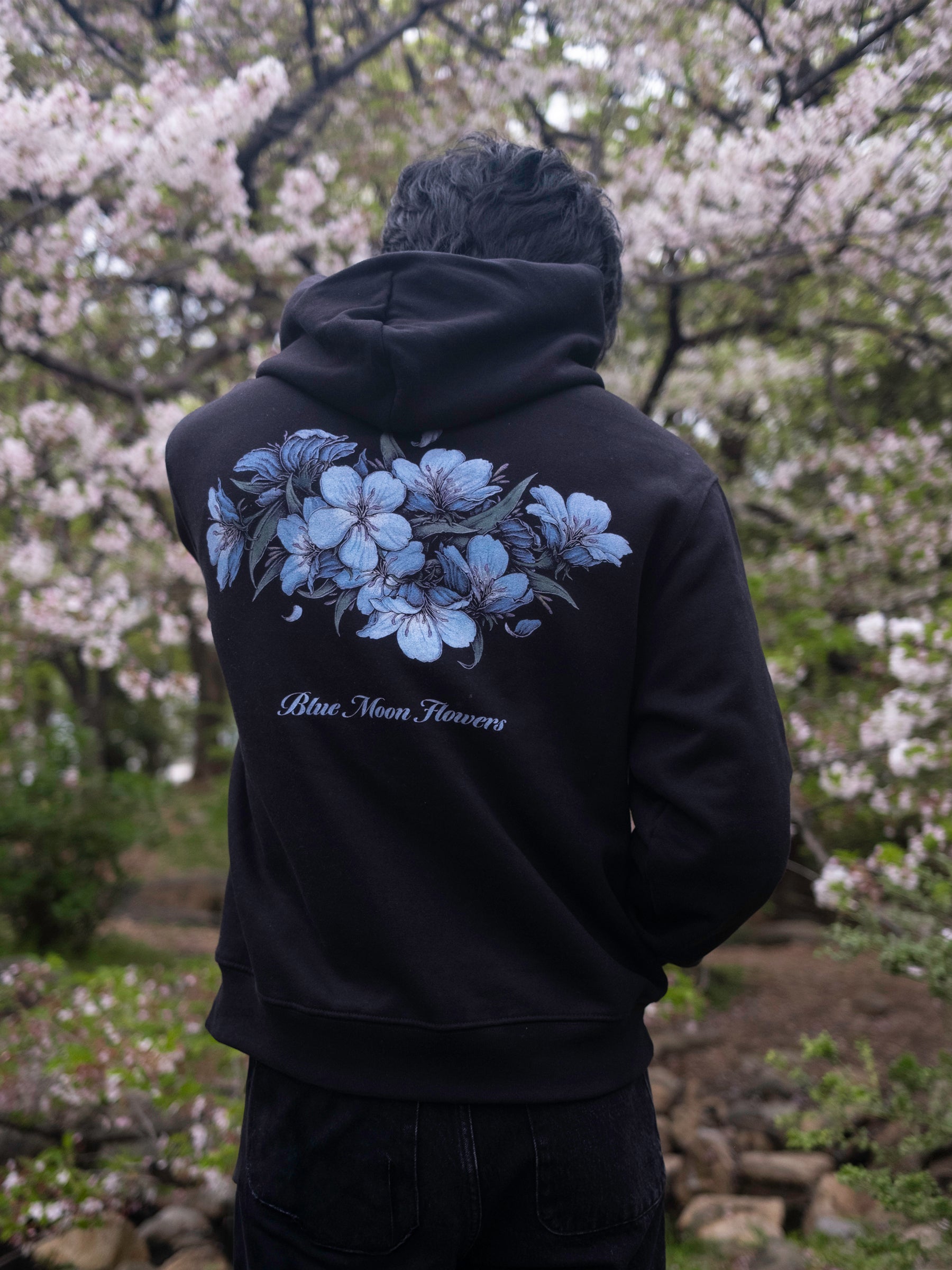 Blue Moon Flowers Box Hoodie - Black